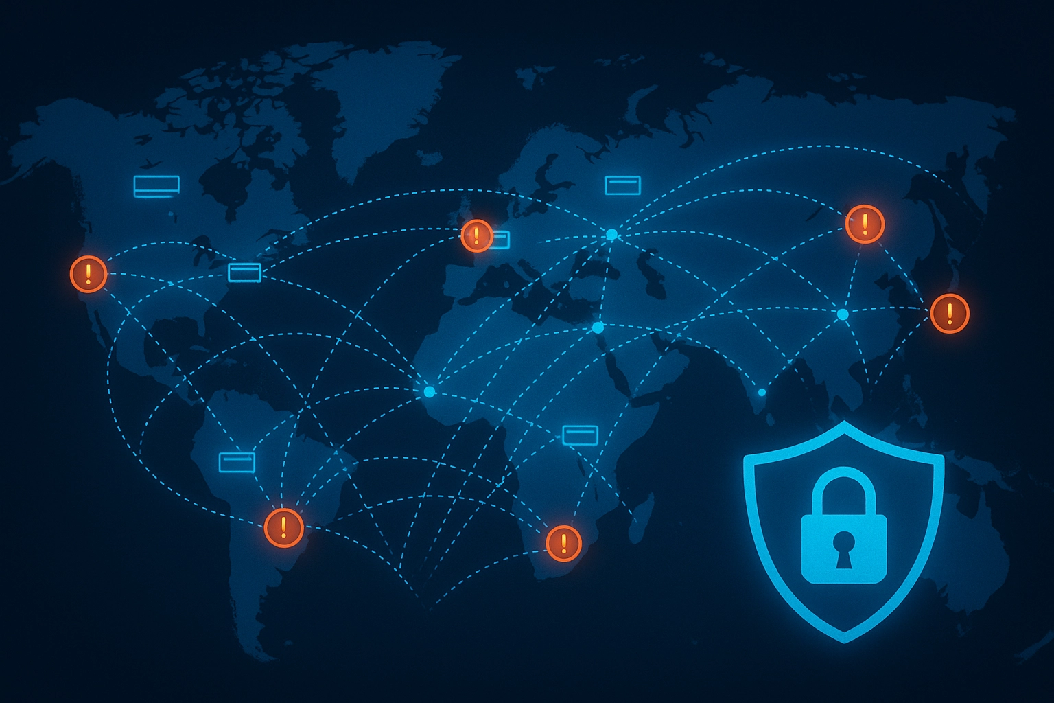 A world map with a secure lock over payment locations